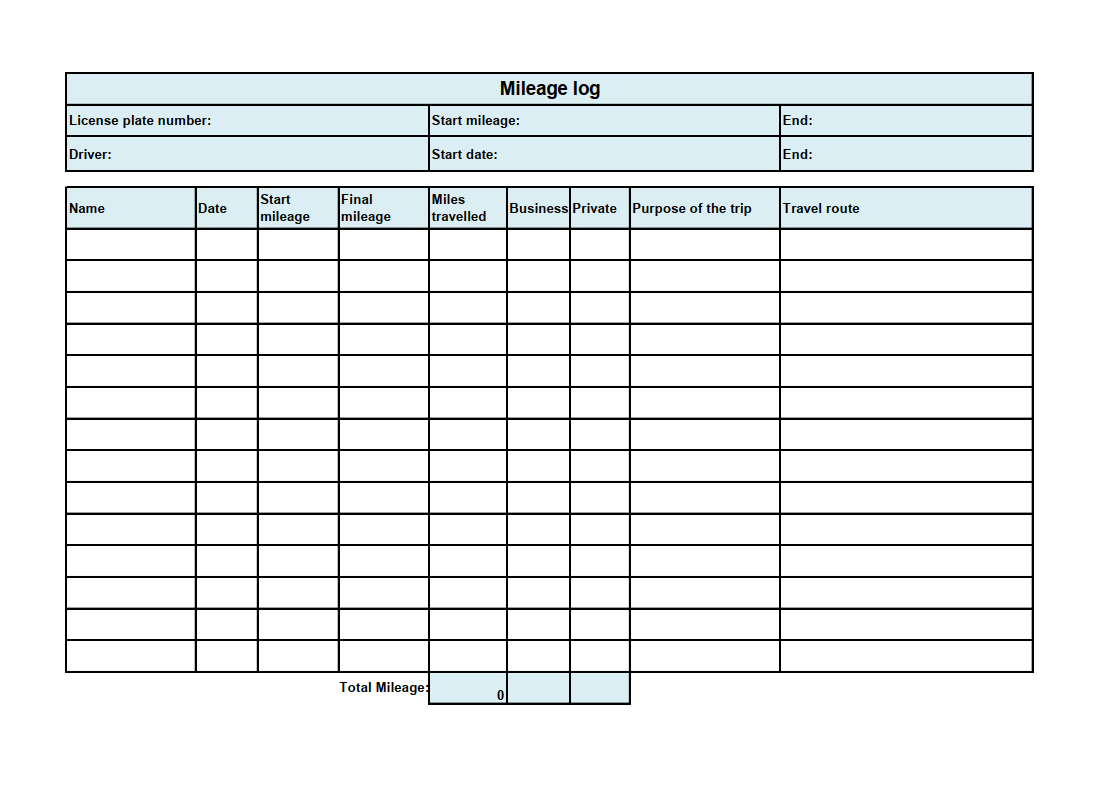 Excel Printable Vehicle Log Book Template