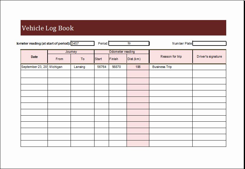 Excel Printable Vehicle Log Book Template
